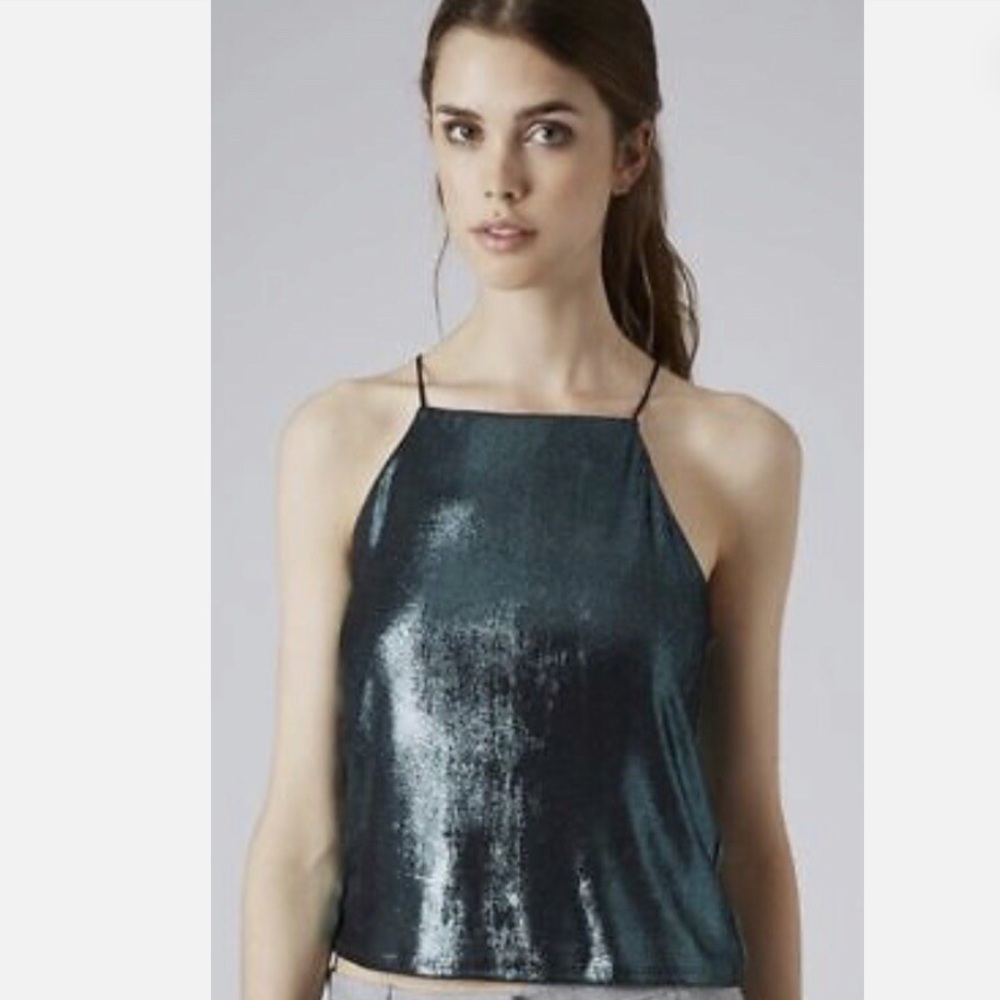 Topshop Liquid Metallic Green Cami Blouse Top